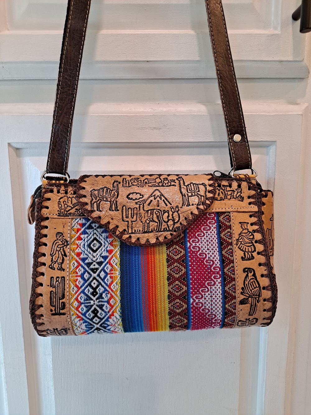 Artisanal Peruvian Multicolor Woven Crossbody Bag Tooled Brown Leather Trim Boho